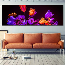 Load image into Gallery viewer, Beautiful  Tulips  Canvas  Print  Orange  Floral  Dark  Background  Wide  Canvas  Blue  Purple  Tulips  Flowers 1  Piece  Canvas  Wall  Art In Living Room
