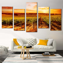 Load image into Gallery viewer, Beautiful Vineyard Canvas Print Yellow Orange Sky Vineyard Landscape Multi Canvas Artwork Green Vinyard Scenery  5 Piece Canvas Wall Art 
