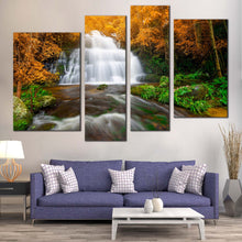 Load image into Gallery viewer, Beautiful Waterfall Canvas Wall Art Orange Green Trees Forest Waterfall  4 Piece Canvas White Waterfall Scenery Canvas Print In Living Room
