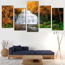 Load image into Gallery viewer, Beautiful Waterfall Canvas Wall Art Orange Green Trees Forest Waterfall  5 Piece Canvas White Waterfall Scenery Canvas Print For Living Room
