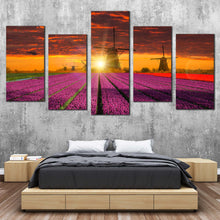 Load image into Gallery viewer, Beautiful Windmill Canvas Wall Art Dramatic Orange Sunset Sky Windmill  5 Piece Canvas Print Red Purple Tulips Field Multi Canvas Artwork
