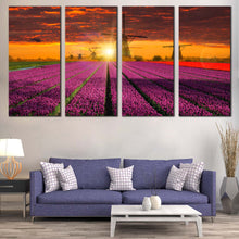 Load image into Gallery viewer, Beautiful Windmill Canvas Wall Art Dramatic Orange Sunset Sky Windmill  4 Piece Canvas Print Red Purple Tulips Field Multi Canvas Artwork For Living Room
