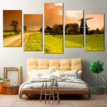 Load image into Gallery viewer, Beautiful Windmill Canvas Wall Art Green Netherlands Windmill Scenery Canvas Set Orange Sunset Windmill  5 Piece Canvas Print For Bedroom
