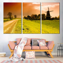 Load image into Gallery viewer, Beautiful Windmill Canvas Wall Art Green Netherlands Windmill Scenery Canvas Set Orange Sunset Windmill  3 Piece Canvas Print For Living Room
