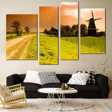 Load image into Gallery viewer, Beautiful Windmill Canvas Wall Art Green Netherlands Windmill Scenery Canvas Set Orange Sunset Windmill  4 Piece Canvas Print For Living Room
