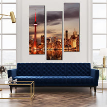 Load image into Gallery viewer, Beautiful  sunset  reflection  in  lake  ontario  triptych  canvas  print In Living Room
