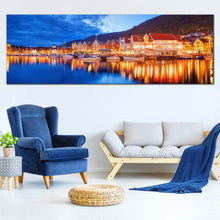 Load image into Gallery viewer, Bergen  City  Canvas  Wall  Art  Norway  Blue  Lake  Cloudy  Sky  Multi  Canvas  Artwork  Orange  Boats  Houses  City  Reflection  Living  Room  1  Piece For Living Room
