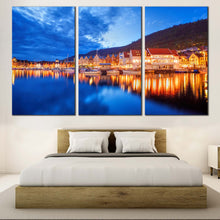 Load image into Gallery viewer, Bergen City Canvas Wall Art Norway Blue Lake Cloudy Sky Triptych Multi Canvas Artwork Orange Boats Houses City Reflection For Bedroom
