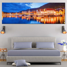 Load image into Gallery viewer, Bergen  Houses  Canvas  Wall  Art  Orange  Boats  Canal  City  Reflection  Bedroom  1  Piece  Canvas  Print  Blue  Lake  Clouds  Sky  Canvas  Set  Bergan In Bedroom
