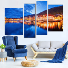 Load image into Gallery viewer, Bergen Houses Canvas Wall Art Orange Boats Canal City Reflection  4 Piece Canvas Print Blue Lake Clouds Sky Canvas Set 
