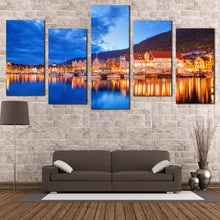 Load image into Gallery viewer, Bergen Houses Canvas Wall Art Orange Boats Canal City Reflection  5 Piece Canvas Print Blue Lake Clouds Sky Canvas Set In Living Room
