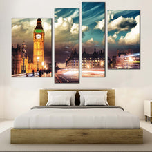 Load image into Gallery viewer, Big Ben Canvas Print London City Red Light Trail  4 Piece Canvas Wall Art England Gold Clock Tower Canvas Artwork 
