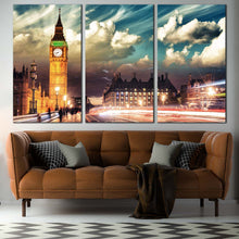 Load image into Gallery viewer, Big Ben Canvas Print London City Red Light Trail  3 Piece Canvas Wall Art England Gold Clock Tower Canvas Artwork For Living Room
