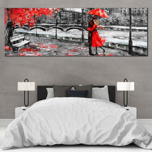 Load image into Gallery viewer, Big  Ben  Canvas  Wall  Art  Cloudy  Grey  Sky  Clock  Tower  1  Piece  Wide  Canvas  London  Red  Tree  Umbrella  Couple  Canvas  Print For Bedroom
