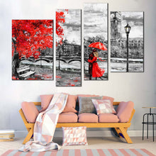 Load image into Gallery viewer, Big Ben Canvas Wall Art Cloudy Grey Sky Clock Tower 4 Piece Multi Canvas London Red Tree Umbrella Couple Canvas Print 
