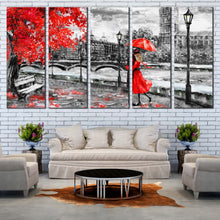 Load image into Gallery viewer, Big Ben Canvas Wall Art Cloudy Grey Sky Clock Tower 5 Piece Multi Canvas London Red Tree Umbrella Couple Canvas Print For Living room
