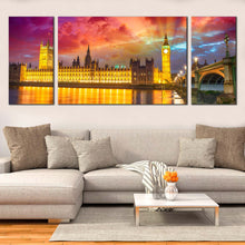 Load image into Gallery viewer, Big  Ben  and  Westminster  Bridge  Sunset  3  pc.  canvas  artwork In Living Room
