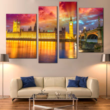 Load image into Gallery viewer, Big Ben and Westminster Bridge Sunset 4 piece wall art 
