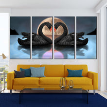 Load image into Gallery viewer, Black Swans in Love Reflected On water 5 piece canvas print In Living room
