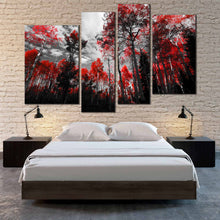 Load image into Gallery viewer, Black White Red Trees Grey Sky Wall Art Colorado Forest 4 panel Canvas 
