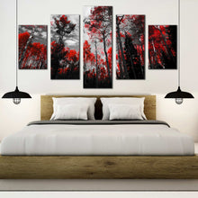 Load image into Gallery viewer, Black  White  Red  Trees  Grey  Sky  Wall  Art  Colorado  Forest  5  panel Canvas In Bedroom
