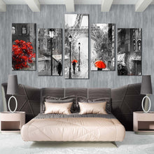 Load image into Gallery viewer, Black and White Paris streets people with Red Umbrella 5 piece wall art For Bedroom
