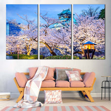 Load image into Gallery viewer, Blossom Trees Canvas Wall Art Blue Osaka Castle 3 Piece Multi Canvas Artwork Purple Autumn Trees Park Canvas Print For Living Room
