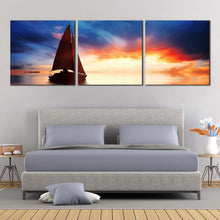 Load image into Gallery viewer, Blue  3  piece  Canvas  wall  art  Sailboat  into  the  sunset In Living Room
