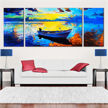 Load image into Gallery viewer, Blue  Alone  Boat  in  the  Ocean  Yellow  Brown  Triptych  Wall  Art For Living Room
