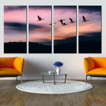 Load image into Gallery viewer, Blue Grey Skies Birds Flying over the Mountains 4 panel Canvas Print In Living room
