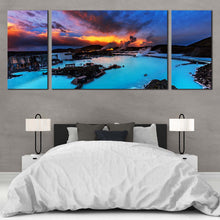 Load image into Gallery viewer, Blue  Lagoon  Canvas  Print  Dramatic  Orange  Cloudy  Sunset  Seascape  3  Piece  Multi  Canvas  Blue  Ocean  Mountains  Canvas  Wall  Art For Bedroom
