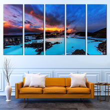 Load image into Gallery viewer, Blue Lagoon Canvas Print Dramatic Orange Cloudy Sunset Seascape 5 Piece Multi Canvas Blue Ocean Mountains Canvas Wall Art For Living room
