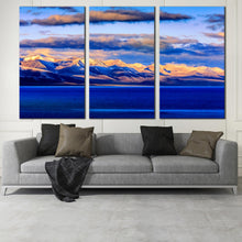 Load image into Gallery viewer, Blue Lake Orange Dawn Mountains Triptych photography prints For Living Room
