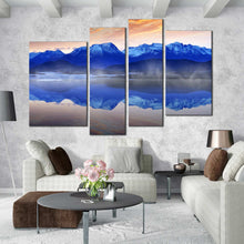 Load image into Gallery viewer, Blue Modern Norwegian ocean Mountain sunrise 4 Panel canvas photography
