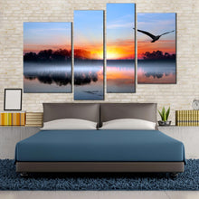 Load image into Gallery viewer, Blue Orange Sky Birds Over Lake Tree Mountains Wall Art For Bedroom
