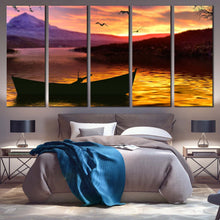 Load image into Gallery viewer, Boat Mountain Canvas Wall Art Yellow Sea Birds Sunset Canvas Set Beautiful Purple Sky  5 Piece Canvas Print For Bedroom
