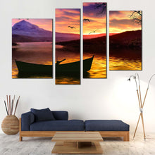 Load image into Gallery viewer, Boat Mountain Canvas Wall Art Yellow Sea Birds Sunset Canvas Set Beautiful Purple Sky  4 Piece Canvas Print
