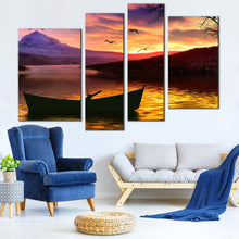 Load image into Gallery viewer, Boat Scenery Canvas Print Purple Mountain Sky Multi Canvas Artwork Yellow Sea Birds Sunset  4 Piece Canvas Wall Art 
