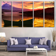 Load image into Gallery viewer, Boat Scenery Canvas Print Purple Mountain Sky Multi Canvas Artwork Yellow Sea Birds Sunset  5 Piece Canvas Wall Art For Living Room
