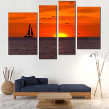 Load image into Gallery viewer, Boat Sea Canvas Wall Art Orange Sky Sailing Boat Canvas Print Birds Flying In Yellow Sunset 4 Piece Split Canvas
