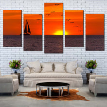 Load image into Gallery viewer, Boat Sea Canvas Wall Art Orange Sky Sailing Boat Canvas Print Birds Flying In Yellow Sunset  5 Piece Canvas For Living Room
