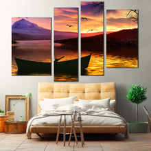 Load image into Gallery viewer, Boat Seascape Canvas Wall Art Purple Mountains Sky  4 Piece Canvas Print Yellow Sea Sunset Canvas Artwork 
