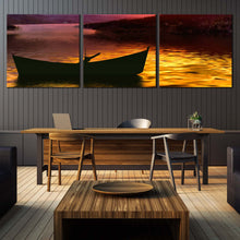 Load image into Gallery viewer, Boat  Seascape  Canvas  Wall  Art  Purple  Mountains  Sky  Living  Room  3  Piece  Canvas  Print  Yellow  Sea  Sunset  Canvas  Artwork In Dinning Room
