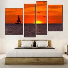 Load image into Gallery viewer, Boat Ship Canvas Print Birds Flying in Orange Sky Multiple Canvas Yellow Sunset Seascape  4 Piece Canvas Wall Art 
