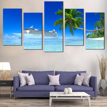 Load image into Gallery viewer, Boat Ship Canvas Wall Art Blue Sky Cruise Ship Seascape Multi Canvas Tropical Green Tree Island 5 Piece Multiple Canvas For Living Room
