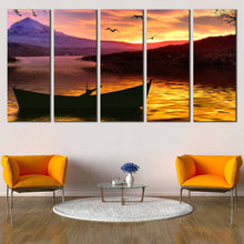 Load image into Gallery viewer, Boat Ship Canvas Wall Art Yellow Sea Sunset  5 Piece Multi Canvas Purple Mountains Sky Canvas Print In Living Room
