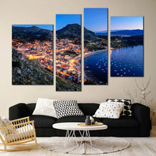 Load image into Gallery viewer, Bolivia Mountain Canvas Print Copacabana Yellow City Beach 4 Piece Canvas Wall Art Blue Lake Titicaca Mountain City Canvas Set For Living Room
