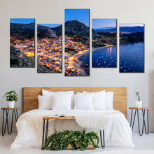 Load image into Gallery viewer, Bolivia Mountain Canvas Print Copacabana Yellow City Beach 5 Piece Canvas WallArt Blue Lake Titicaca Mountain City Canvas Set For Bedroom
