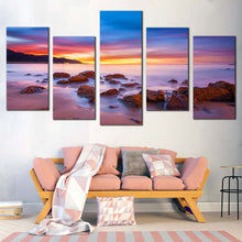 Load image into Gallery viewer, Boulders Seascape Canvas Wall Art  Purple Sky Sea Canvas Set Yellow Ocean Rocks 5 Piece Canvas Print For Living Room
