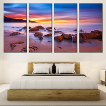 Load image into Gallery viewer, Boulders Seascape Canvas Wall Art Purple Sky Sea Canvas Set  Yellow Ocean Rocks 4 Piece Canvas Print For Bedroom
